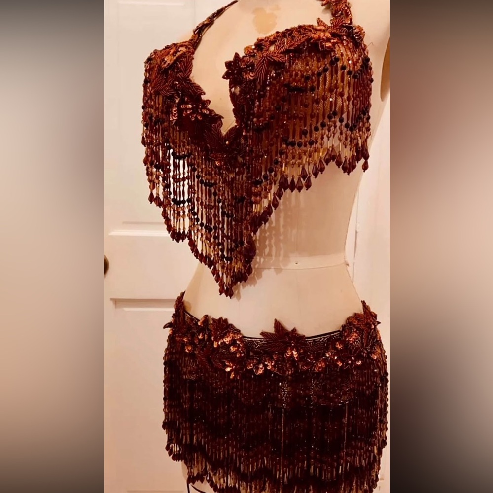 Coffee Bronze Beaded Monster Fringe Bellydance Costume Set